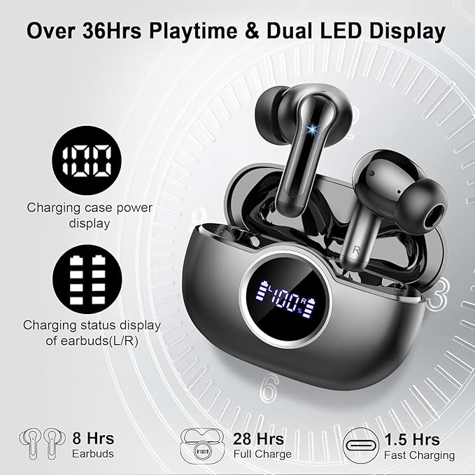 Wireless Earbuds, 2025 Bluetooth 5.4 Headphone 3D Bass Hi-Fi Stereo Ear Buds, 4 ENC Noise Cancelling Mic, 40H 3g USB-C in-Ear Earphone, IP7 Waterproof Workout Sport for Laptop Pad Android iOS, Black