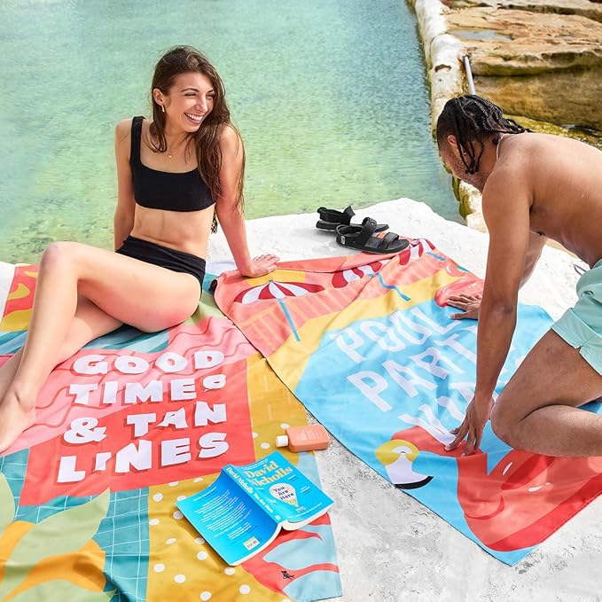 Dock & Bay Beach Towel - Quick Dry, Sand Free - Compact, Lightweight - 100% Recycled - Includes Bag - Pool Party Vibes - Extra Large (200x90cm, 78x35)