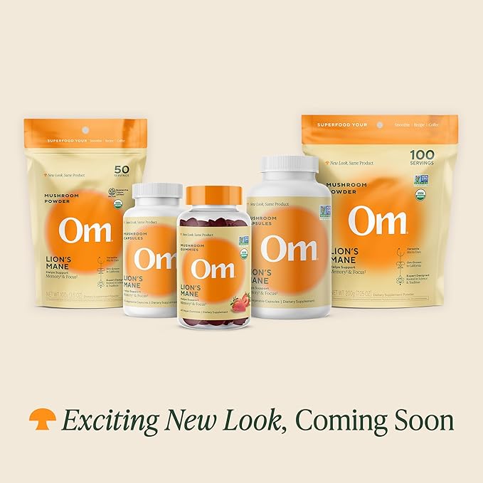OM MUSHROOM SUPERFOOD Lion's Mane Organic Mushroom Powder, Improves Memory, Focus, Clarity, Nerve Health, and Mood Support, 3.5 oz, 50 Servings Powder Supplement Pouch
