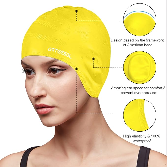 Swimming Cap, Silicone Swim Cap for Women Men, Durable Non-Slip Waterproof Swim Cap Protect Ears, Long Hair for Adults, Older Kids