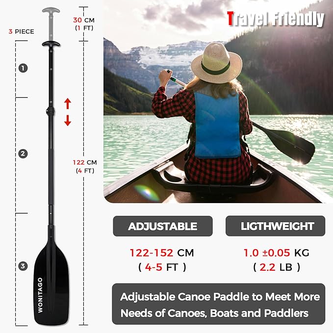 Canoe Paddles Aluminum Paddle with Plastic Blades Floating Adjustable Canoeing and Boating Oars, 122-152 cm/4-5 Ft, Black/Yellow