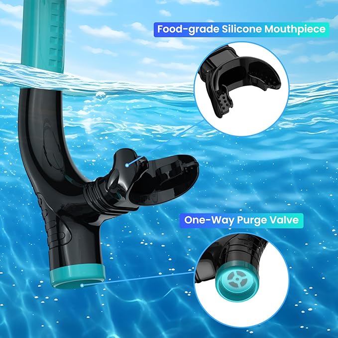 Swimmer's Snorkel for Lap Swimming, Adult Snorkeling Gear Swim Training, Center-Mount Silicone Mouthpiece One-Way Purge Valve in Pool and Open Water