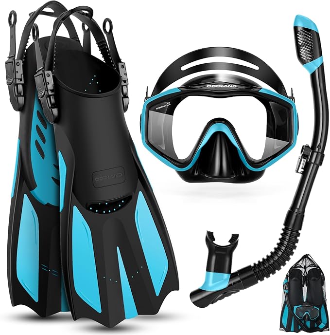 Odoland Kids Snorkeling Packages Snorkel Set, Dry Top Snorkel Mask with Adjustable Swim Fins for Boys and Girls Age 7-14