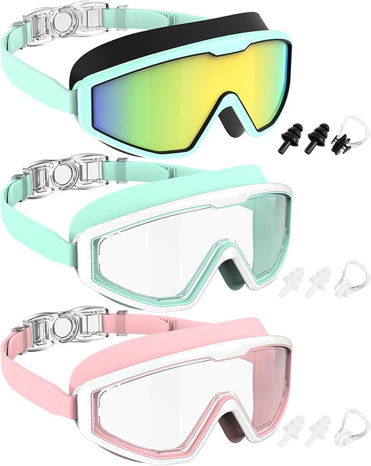 NSSIW Swim Goggles Swimming Kids-Goggles: Anti Fog No Leak with Nose Clip Earplugs for Girls Boys Youth 6-14 3 Pack