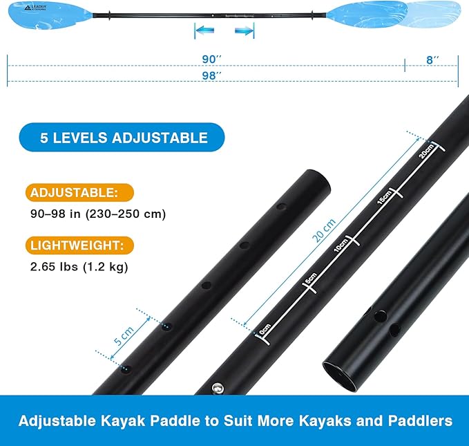 Adjustable Kayak Paddle Boat Oar: Kayak Canoe Paddles 90-98 inch/230-250cm - Aluminum Floating Kayaking Fishing Oars with Paddle Leash for Adults Youth