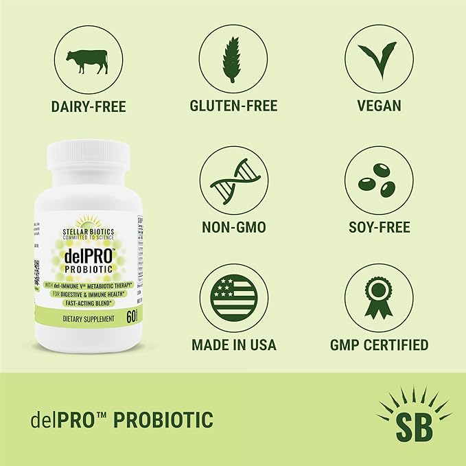 Stellar Biotics - Delpro Probiotic (+ Del-Immune V & Prebiotic Blend) Promotes Optimal Gut Health, Digestion, Immune Support & Mood (60 Capsules)