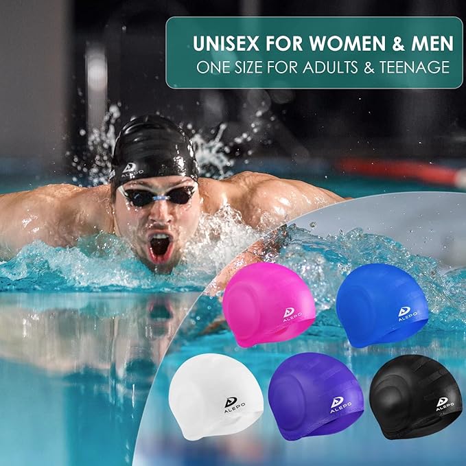 2 Pack Unisex Swim Caps with 3D Ear Protection, Durable Flexible Silicone Swimming Hats for Women Men Kids Adults, Bathing Swimming Caps for Short/Long Hair with Ear Plugs&Nose Clip