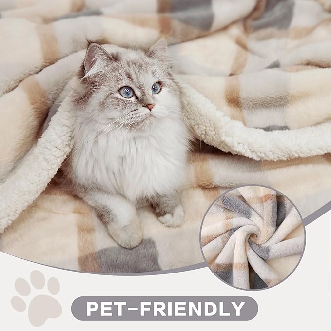 PU MEI Super Soft Faux Rabbit Fur Sherpa Fleece Throw Blanket, Reversible Luxury Cozy Cute Furry Blanket, Plush Warm Shaggy Fluffy Checkered Blankets for Sofa Couch Bed (Grey-Plaid, 80" x 90")