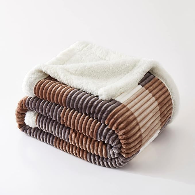PU MEI Sherpa Blanket Twin Plaid Thick Bed Blanket, 60”*80” Super Soft Flannel Fuzzy Fleece Reversible Velvet Plush Warm Blanket for Couch (Beige Check, 60"*80")