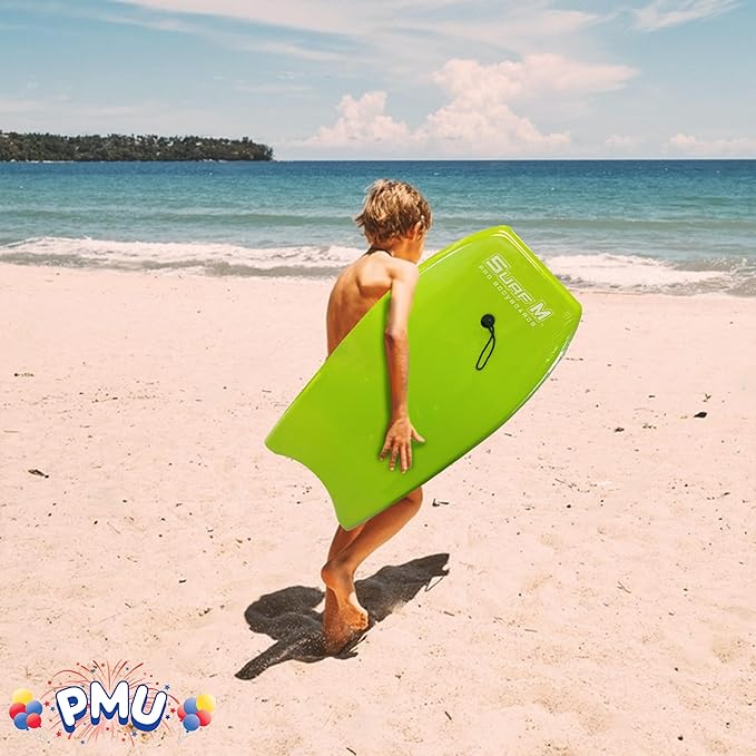 PMU 33 Inch Lime Green Bodyboard - Lightweight Wrist Leash, Surf Mania, Slick Bottom Boards for Beach, Sea & Pool - Surfing Board for Kids, Teens & Adults Wave Conditions Pkg/1