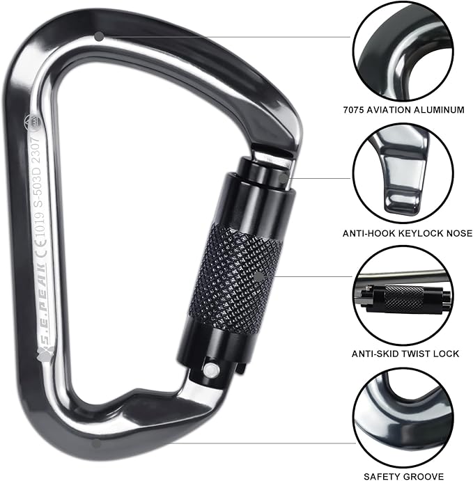 SEPEAK UIAA 30kN Climbing Carabiner Clips, Professional Heavy Duty Twist Locking Carabiners for Climbing,Mountaineering, Rappelling, Camping, Hiking, Swings, Large D Ring Hooks