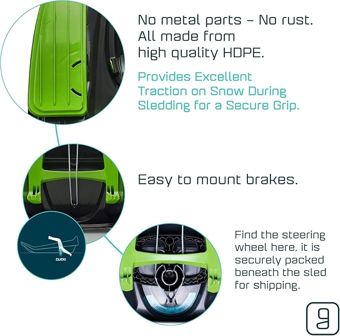 Snow Sled for Kids, Adults - Toboggan Sled, Easy Turning Steering Wheel, Anti-Slip Seat, Pull Up Brake, Durable Plastic Sled, Lightweight, Snow Sleds, Age 3+ 260 lbs