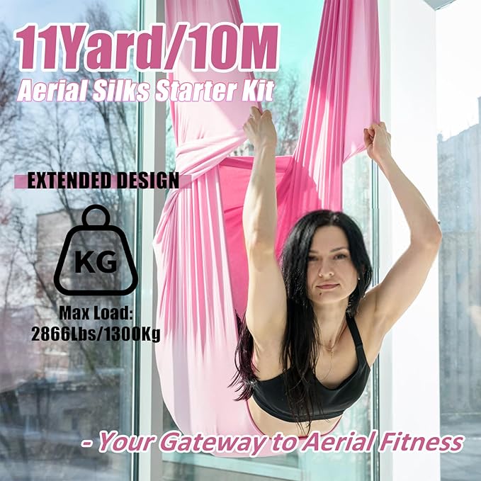 Aerial Silks Kit & Aerial Yoga Hammock - 11Yd Premium Fabric Hardware - Easy Setup for Flying Yoga, Aerial Swing & Fitness - Supports Up to 14ft Rigging