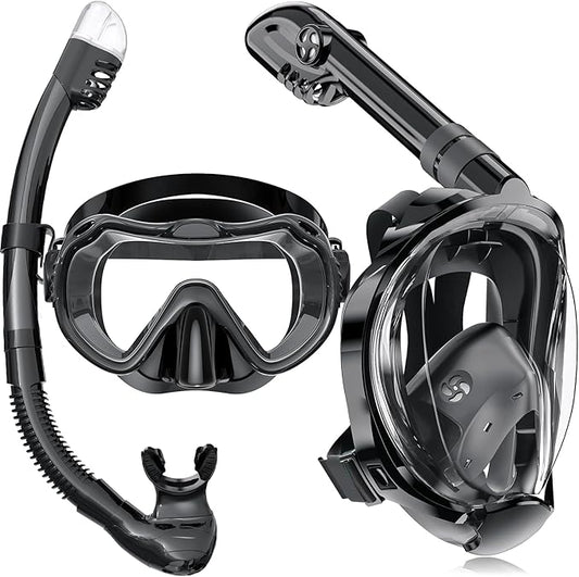 Full Face Snorkel Mask, Snorkeling Gear for Adults Men and Women, 180 Degrees Panoramic View Snorkel Set Anti-Fog Anti-Leak, Dry Top System and Travel Bag for Swimming, Snorkeling