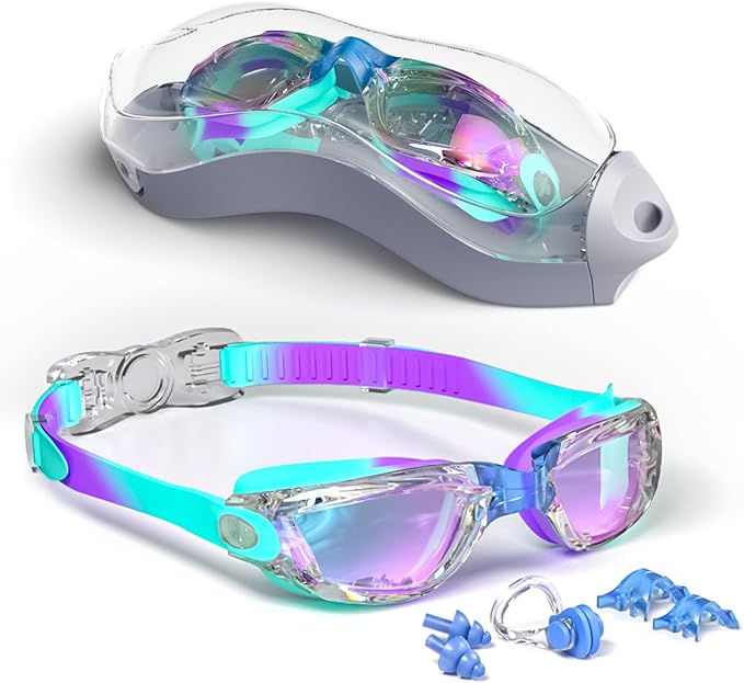 Kids Swim Goggles, Swimming Goggles for Kids with Nose Clip, Earplugs, Nose Bridge for Age 3-15
