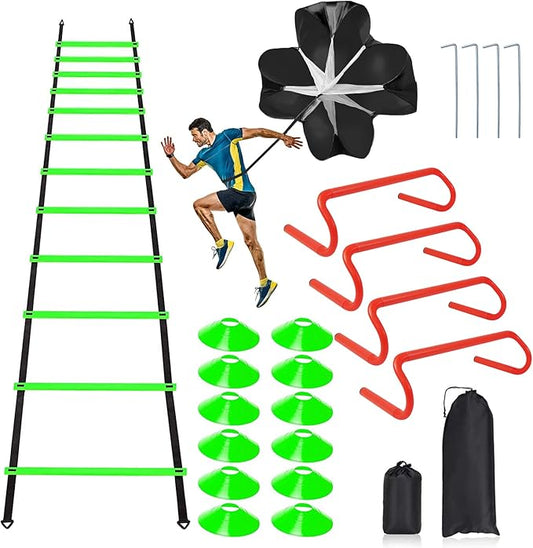 Speed & Agility Ladder Training Equipment Set, Includes 12 Rung 20ft Agility Ladder, 4 Agility Hurdles,12 Disc Cones, 1 Resistance Parachute for Training Football Soccer Basketball Athletes