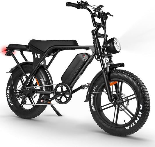 V8 Electric Bike for Adults, 20'' Fat Tire E Bike with Powerful Motor 48V 15Ah Removable Battery, 7-Speed Gears, 2 Seater E-Bike, Ebike Moped Style for Mountains, Snow, Sand, Road