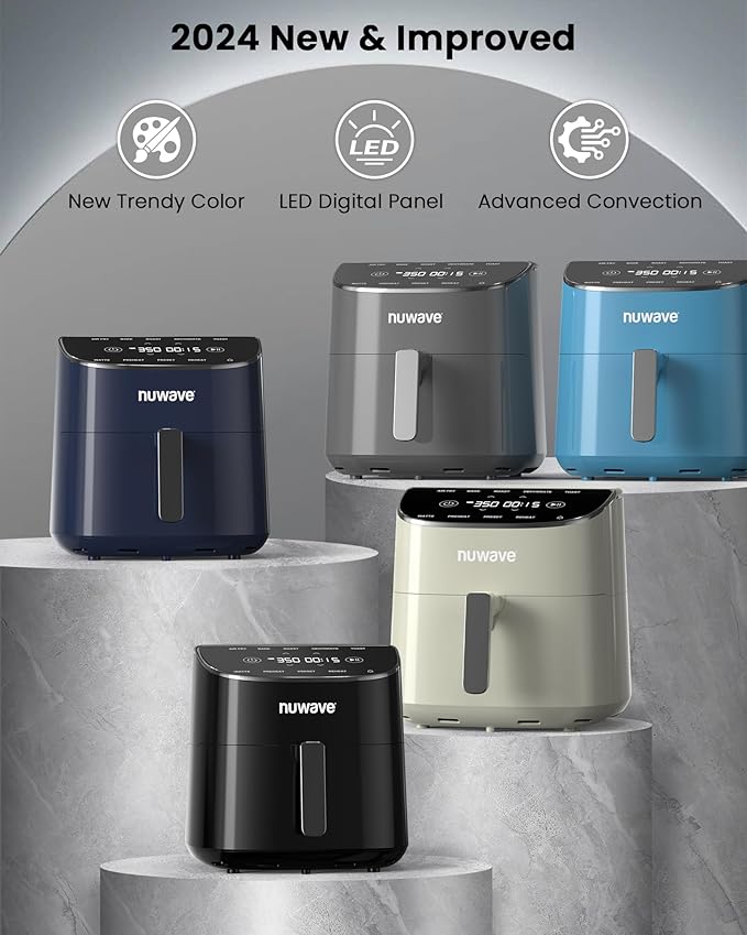 Nuwave Brio Plus Air Fryer 8 Qt, New & Improved, PFAS-FREE, 7 Digital One-Touch Cook Functions that AIR FRY, BAKE, ROAST, DEHYDRATE, TOAST, REHEAT, PREHEAT, 150 Presets, 50°F~400°F (Cool Gray)