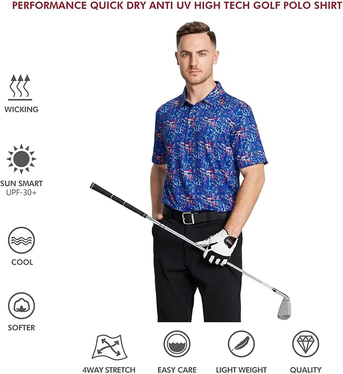 Men's Golf Polo Shirts Short Sleeve Striped Performance Moisture Wicking Dry Fit Golf Shirts for Men