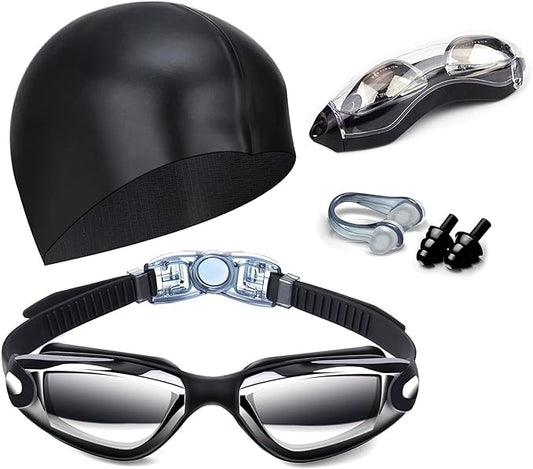 Swim Goggles Swimming Goggles No Leaking with Nose Clip, Earplugs, Swim Cap and Case for Men Women