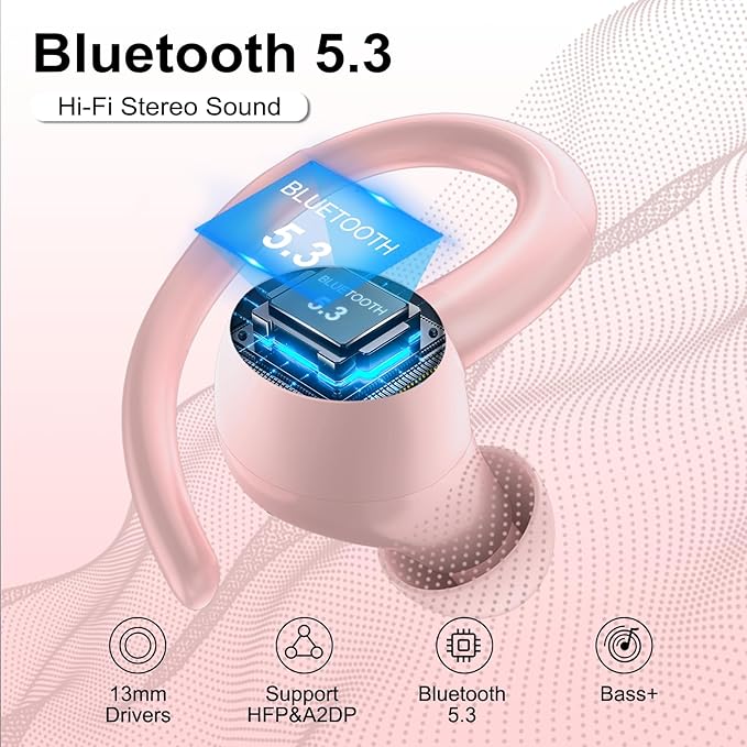 Wireless Earbuds Bluetooth 5.3 Headphones Sports, 48Hrs Playtime Bluetooth Earbuds with CVC 8.0 Mic, 2025 Stereo Bass Over Ear Bud with Earhooks, LED Display, IP7 Waterproof Earphon for Running Rose