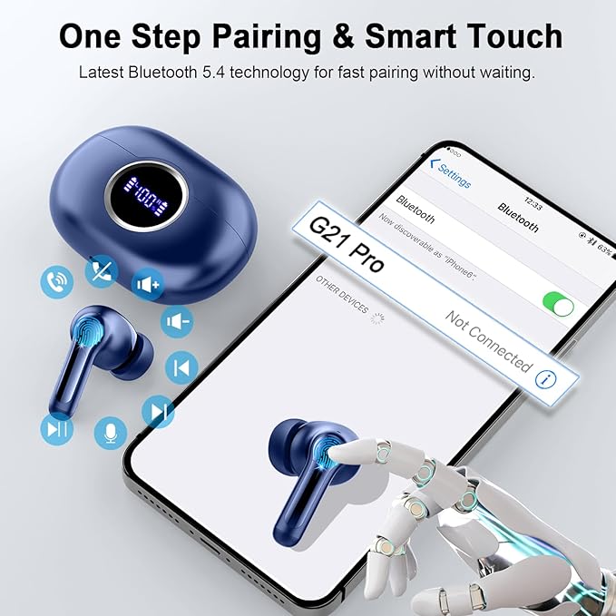Bluetooth 5.4 Headphones, 2025 Wireless Earbuds 3D Hi-Fi Stereo Bass Ear Buds, 4 ENC Noise Cancelling Mic, 40H USB-C in-Ear Earphone Sport, 3g IP-X7 Waterproof Workout Gym for Android iOS Laptop Pad