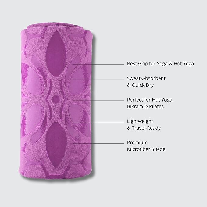Clever Yoga Non-Slip Hot Yoga Towel – Non-Slip Grip for Hot Yoga, Sweat Absorbent, Honeycomb Silicone Grip, Stays Flat – Ideal for Pilates, Travel, Washable & Lightweight - Lilac
