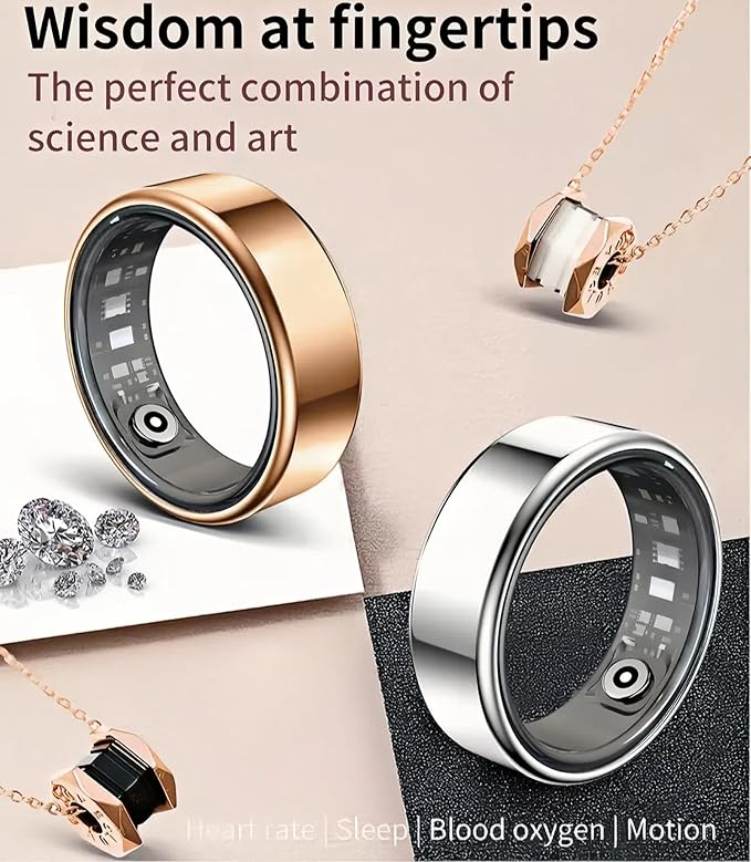Smart Wellness Ring, Stylish Fitness Tracker with Heart Rate, Blood Oxygen, Blood Pressure, Sleep & Step Monitor. IP68 Waterproof, No Subscription, iOS & Android Compatible (Silver, 10)