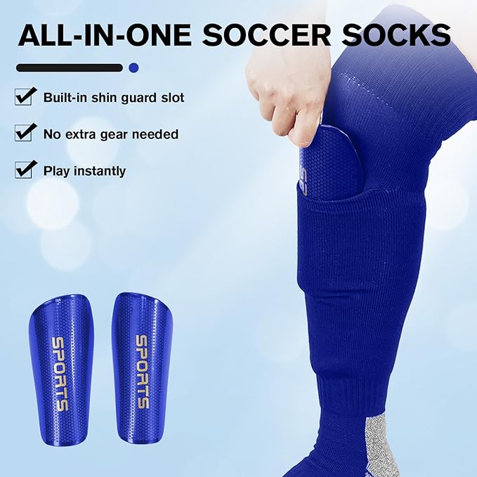 Youth Soccer Shin Guard Socks, Built-in Protective Pads, Kids Knee High Football Athletic Team Socks for Boys Girls