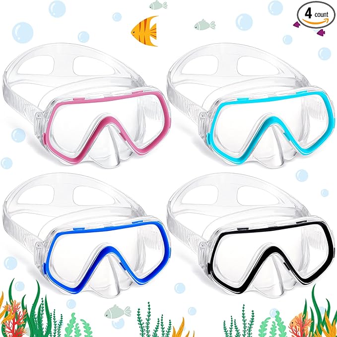 Hoolerry 4 Pcs Kids Nose Goggles Swim Goggles with Nose Cover for 3-8 Tempered Glass Snorkel Dive Mask Anti Fog with Elastic Strap No Leak Swimming Mask for Summer Diving Snorkeling