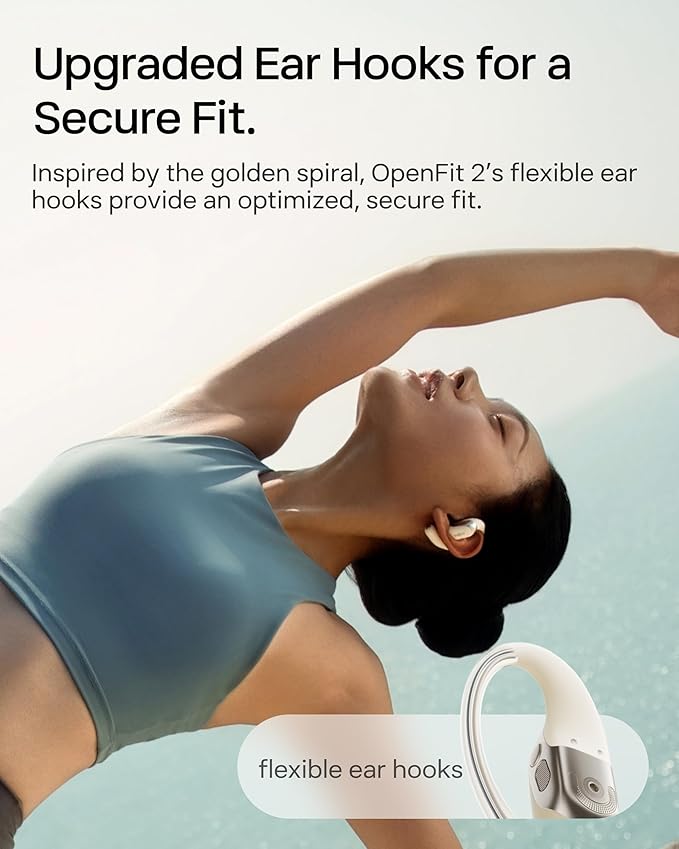 SHOKZ New OpenFit 2 Open-Ear Headphones, True Wireless Bluetooth Earphones with Microphone, Earhook Earbuds with 48 Hours of Playtime, Fast Charging, IP55 Water-Resistant, with Carrying Bag, Beige