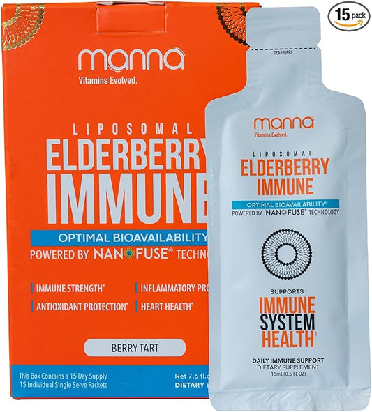 Manna Vitamins Evolved Liposomal Elderberry Immune Packets, Vitamins C, D etc. - Daily Immune Support for Adults, Kids - Sugar Free, Real Elderberry Extract, Syrup, Travel-Friendly, 15 Pack