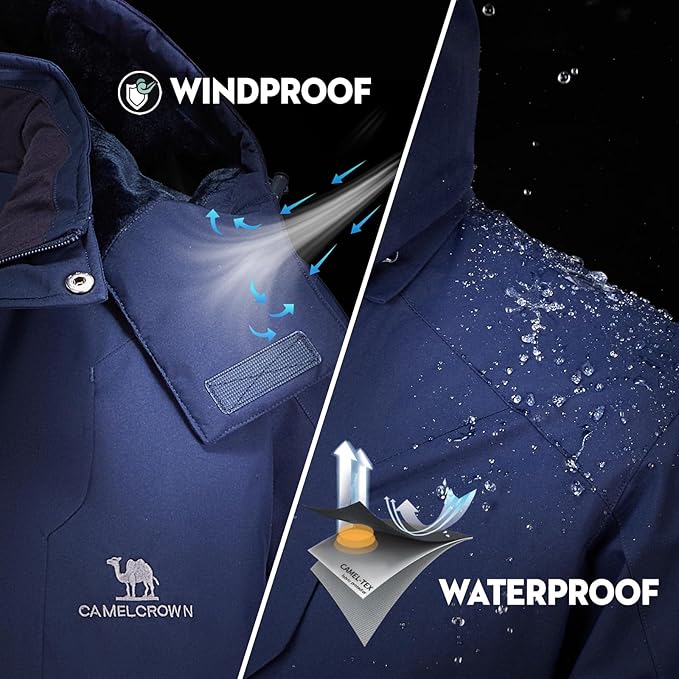 CAMEL CROWN Men's Winter Coat Waterproof Ski Jacket Fleece Lined Windproof Raincoat for Snow Outdoor Hiking Mountain