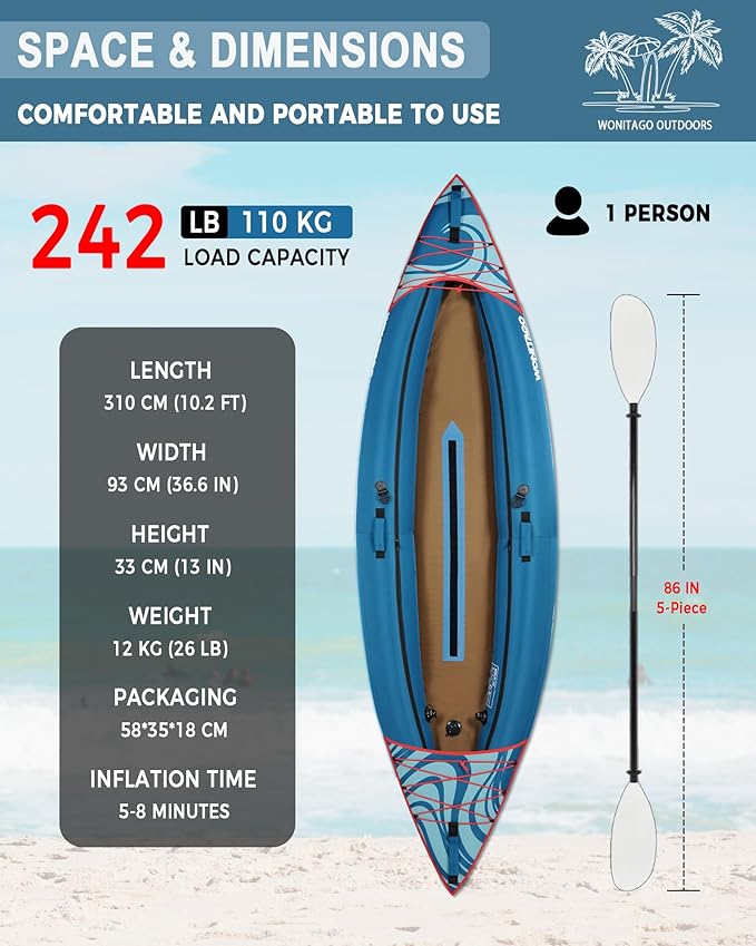 Inflatable Kayak, Portable Ripstop Oxford Cloth Recreational Touring Kayak with Fiberglass Kayak Paddle, Hand Pump and Carrying Bag, 1/2 Person