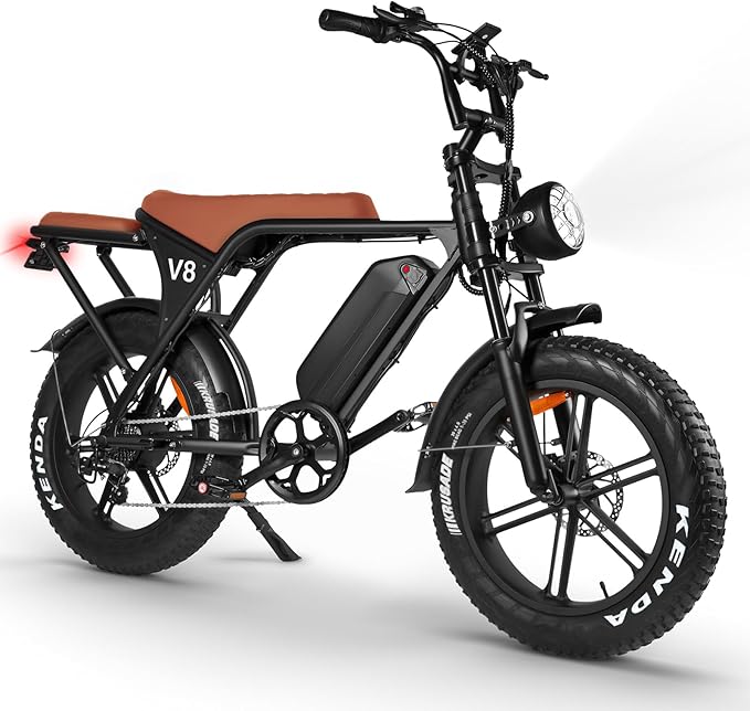V8 Electric Bike for Adults, 20'' Fat Tire E Bike with Powerful Motor 48V 15Ah Removable Battery, 7-Speed Gears, 2 Seater E-Bike, Ebike Moped Style for Mountains, Snow, Sand, Road