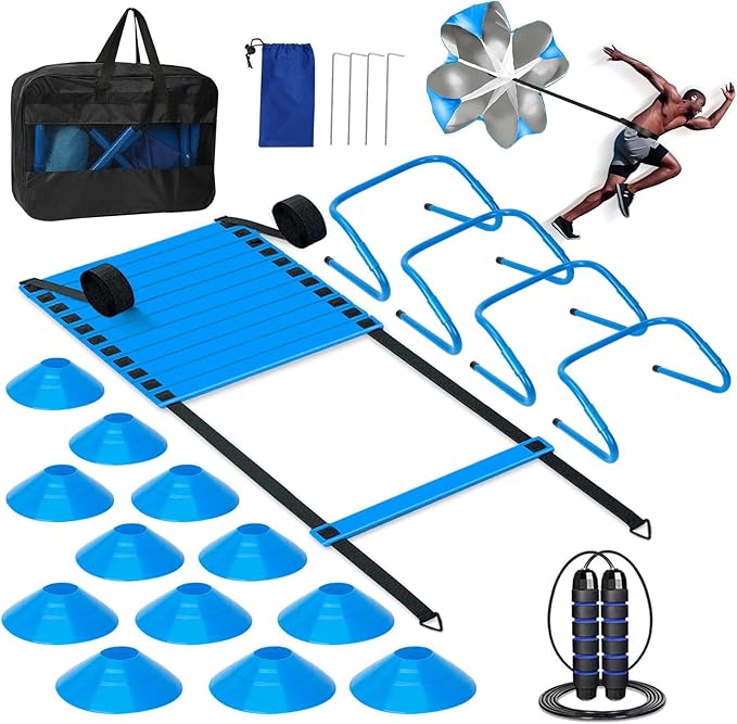 Agility Ladder, Soccer Training Equipment Set, 4 Agility Hurdles, 20ft Speed Ladder, Running Parachute, 12 Football Cones, Jump Rope | Soccer Basketball Athletes Speed Training