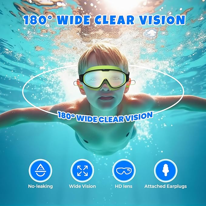 Swim Goggles for Kids 3-15 with Earplugs Large Frame Anti-Fog/UV Swimming Goggles for Boys Girls Toddler 2PCS