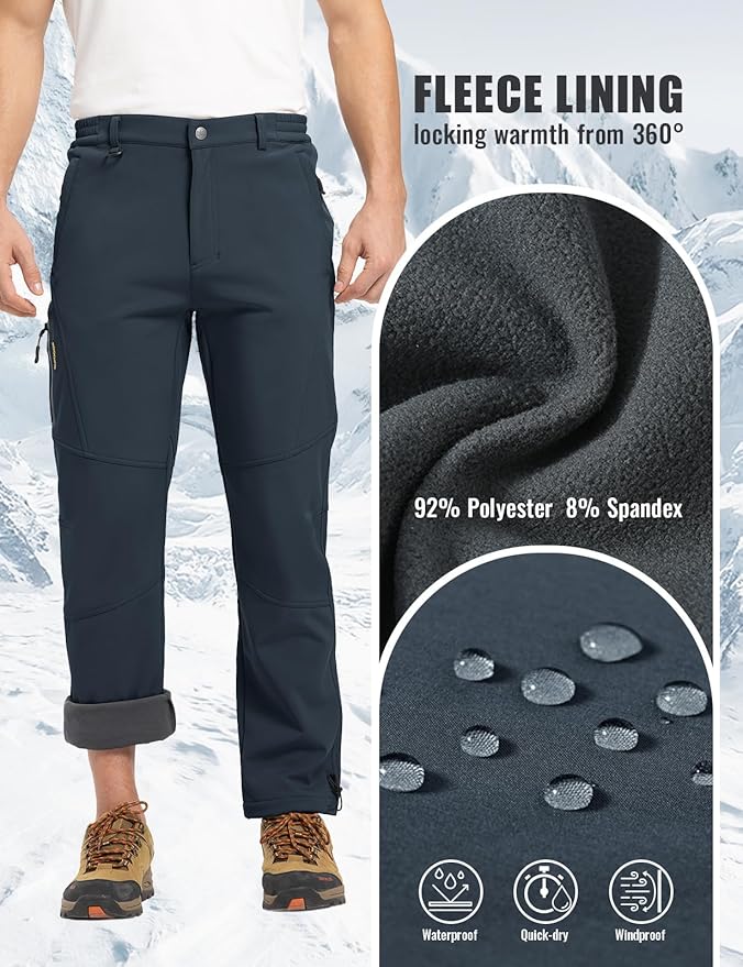 Rdruko Men's Snow Pants Waterproof Insulated Winter Hiking Pants Snowboard Fleece Lined Softshell Ski Pants