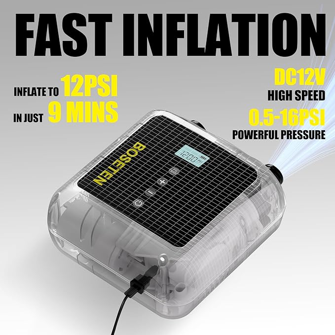 Paddle Board Pump, SUP Electric Air Pump, Deflation Function, Auto-Off, 12V DC Car Connector for Inflatable Stand Up Paddle Board, Kayaks, Boats, Inflators, Paddleboards