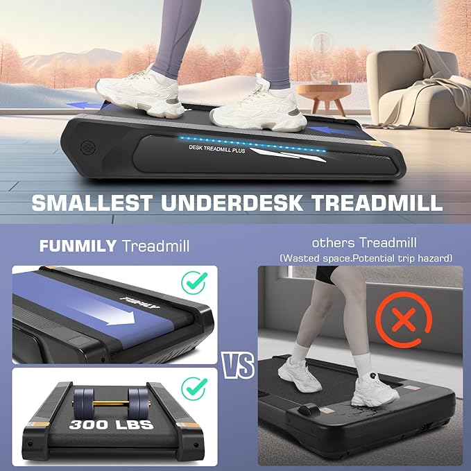 FUNMILY Smallest Walking Pad with 5% Incline, 2 in 1 Under Desk Treadmill for Home Office, 2.5 HP Mini Compact Walking Treadmill, Installation-Free/300lbs Weight Capacity/Unique Lighting Design