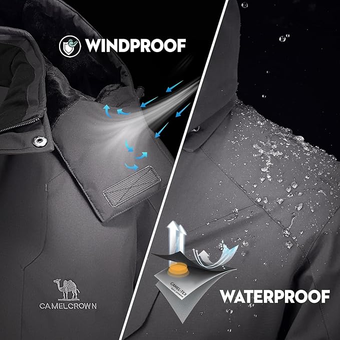 CAMEL CROWN Men's Winter Coat Waterproof Ski Jacket Fleece Lined Windproof Raincoat for Snow Outdoor Hiking Mountain