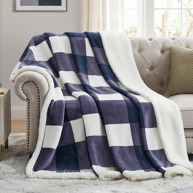 PU MEI Sherpa Blanket Fleece Throw Blanket Full Queen Plaid Thick Bed Blanket, Soft Warm Cozy Blue Checkered Throw Blanket 80"*90"
