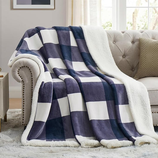 PU MEI Sherpa Blanket Fleece Throw Blanket Full Queen Plaid Thick Bed Blanket, Soft Warm Cozy Blue Checkered Throw Blanket 80"*90"