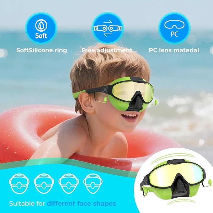 Swim Goggles for Kids 3-15 with Earplugs Large Frame Anti-Fog/UV Swimming Goggles for Boys Girls Toddler 2PCS