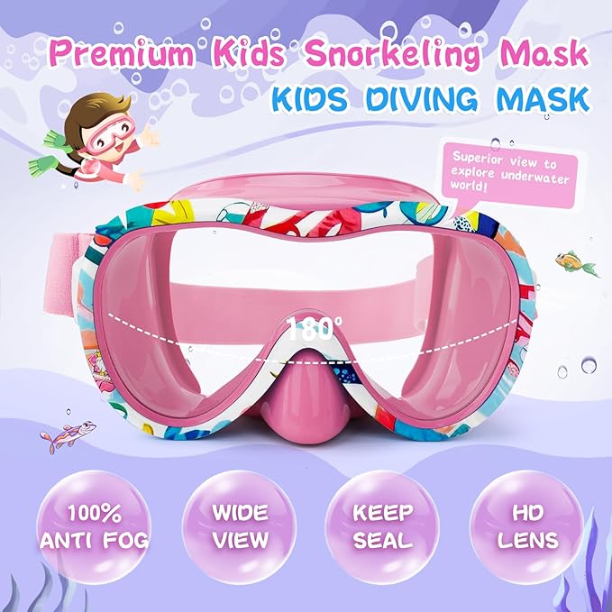 Kids Swim Goggles with Nose Cover, 180° Panoramic Snorkel Mask with Anti-Fog & Anti-Leak Design, Comfort Fabric Strap UV Protection Lens for Boys Girls Ages 3-15
