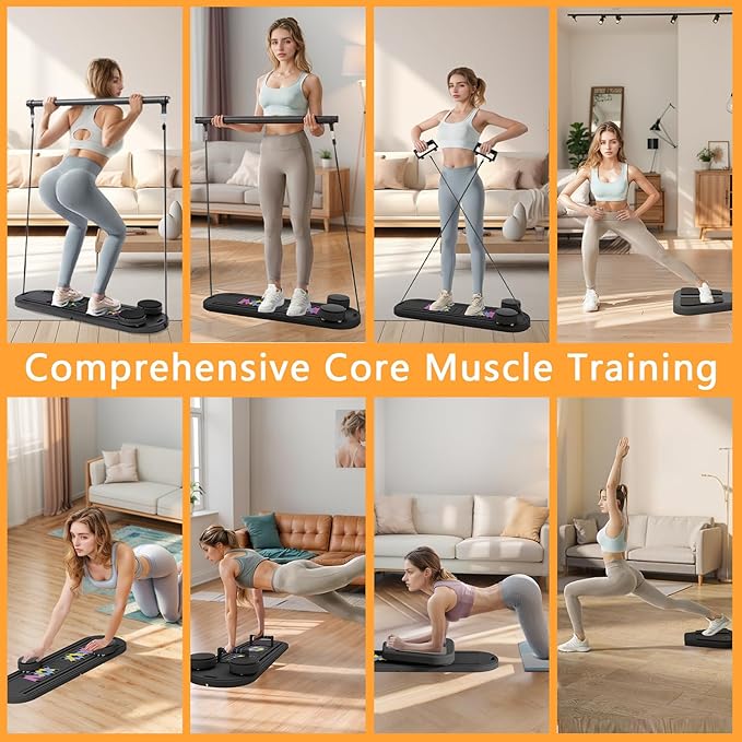 Pilates Reformer Board, 6 in 1 Portable & Foldable Pilates Reformer Set with Resistance Bands, Pilates Board for Home Workout, Multifunctional Abdominal Board