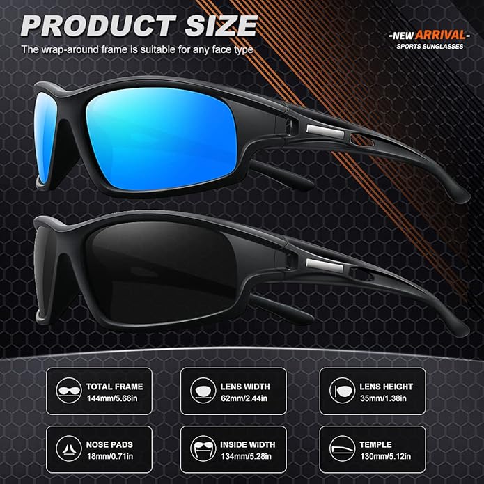Polarized Sports Sunglasses for Men 100% UV Protection Wrap Around Unbreakable Sun Glasses for Fishing Driving