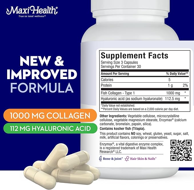 Maxi Health Marine Collagen Pills – 1000 mg Type 1 Collagen for Women & Men with Hyaluronic Acid Supplement for Joint & Skin Support – Unflavored, Clean Kosher Capsules (90 Maxicaps)