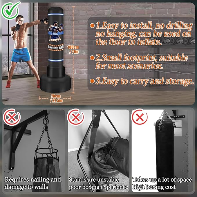 Freestanding Punching Bag for Adults Teens, 71" Heavy Punching Bag with Stand and Boxing Reflex Balls & Electric Air Pump, Inflatable Kickboxing Bag for Training MMA Thai Fitness Karate