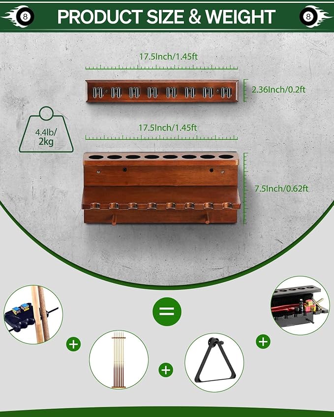 Wall Mount Pool Stick Holder - Billiards Pool Cue Rack Hardwood Pool Cue Set Holder for 8 Cues Sticks Storage Pool Table Accessories Equipment Organizer